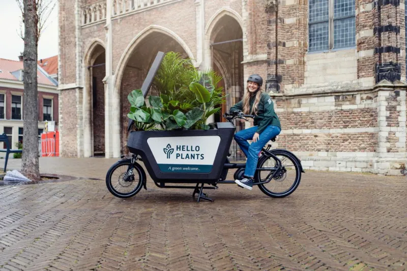 Everspring Lastenrad mit Pflanzen vor einer historischen Kirche