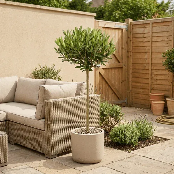 Sunny garden with pots and planting, ready for the season